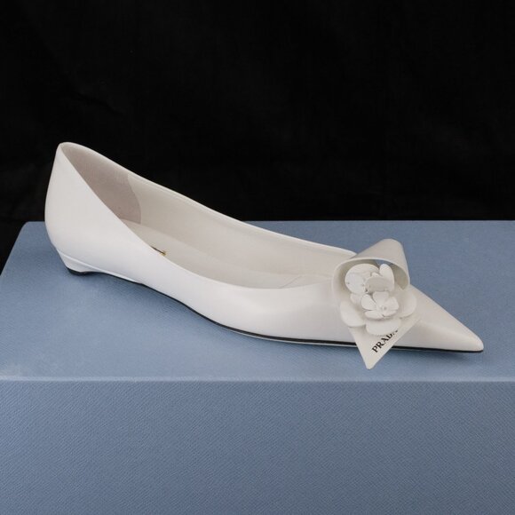 Prada Sculptural Twist Floral-Appliqued Ballerina Flats, White Polished Leather - Picture 1 of 12